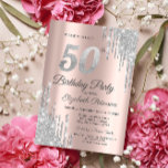 Convite Glitter prateado Rosa Festa de aniversário Dourada<br><div class="desc">Um moderno,  chique e glamouroso com brilho prateado pingando um fundo rosa de ouro.</div>