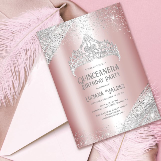 Convite Glitter prateado rosa Princesa Tiara Quinceañera (Criador carregado)