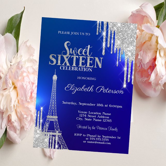 Convite Glitter prateado, Torre Eiffel Blue Sweet 16 (Criador carregado)