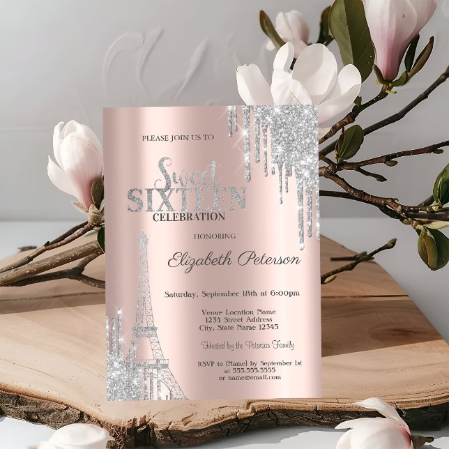 Convite Glitter prateado, Torre Eiffel Sweet 16 (Criador carregado)
