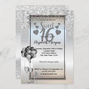 Convite Glitter prateado, vidro, ballons Doce 16 Partido