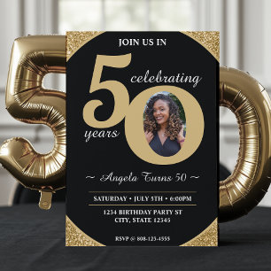 Convite Glitter Preto e Dourado 50 Anos 50 Anos 50. Aniver
