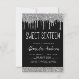 Convite Glitter Preto Silver Sparkle Elegante Sweet 16