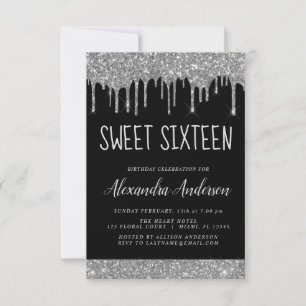 Convite Glitter Preto Silver Sparkle Elegante Sweet 16