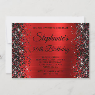 Convite Glitter Preto Vermelho Chique Monograma 50º Aniver