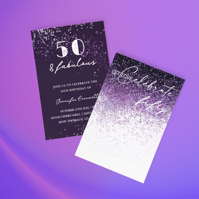 Convite Glitter Purple Confetti A QUALQUER ANO Aniversário (Fabulous Female Birthday Party Invitation)