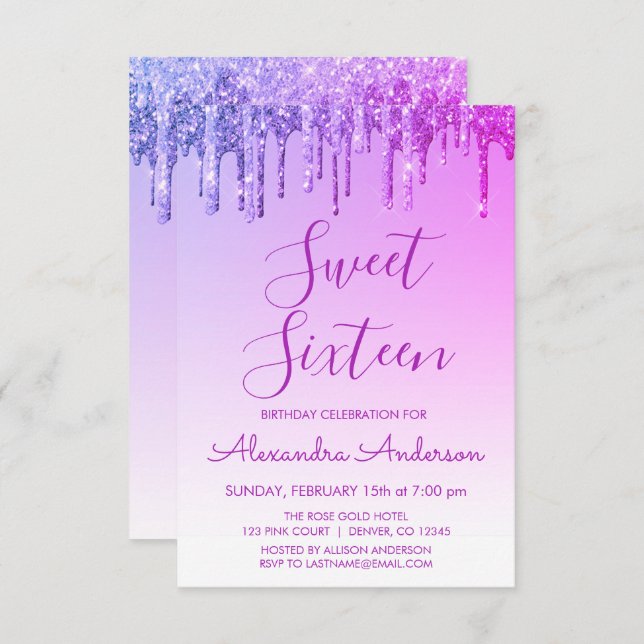Convite Glitter Purple Sparkle Doce Dezesseis Aniversário (Frente/Verso)
