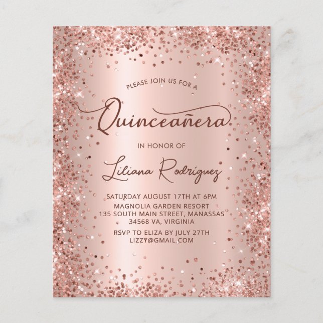 Convite Glitter Quinceanera Dourado Rosa de Orçame (Frente)