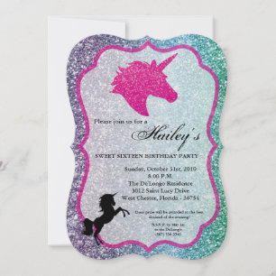 Convite Glitter Rainbow Unicorn Sweet 16 Birthday Invite
