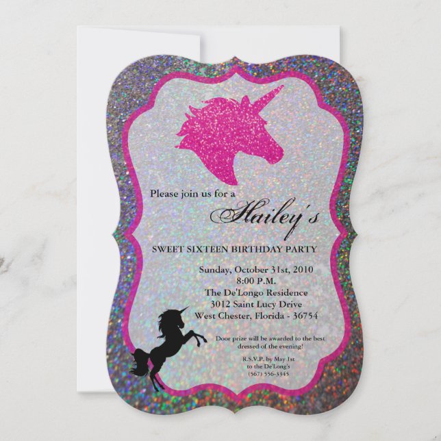 Convite Glitter Rainbow Unicorn Sweet 16 Birthday Invite (Frente)