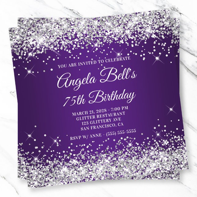 Convite Glitter Real Roxo 75.o Aniversário de Silver Spark (Sparkly Silver Glitter Royal Purple 75th Birthday Invitation)