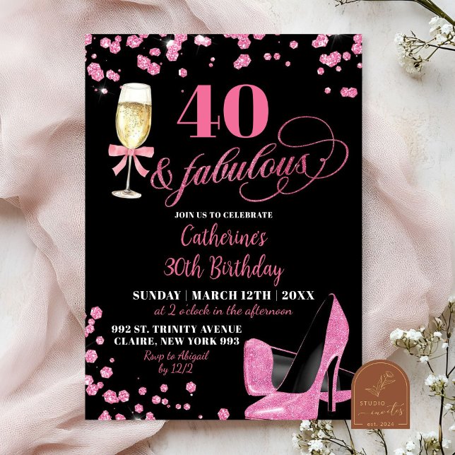 Convite Glitter Rosa 40 e fabuloso aniversário de saltos a (Criador carregado)