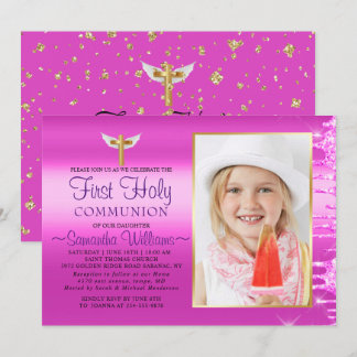 Convite Glitter Rosa Coloca Foto Primeira Comunhão