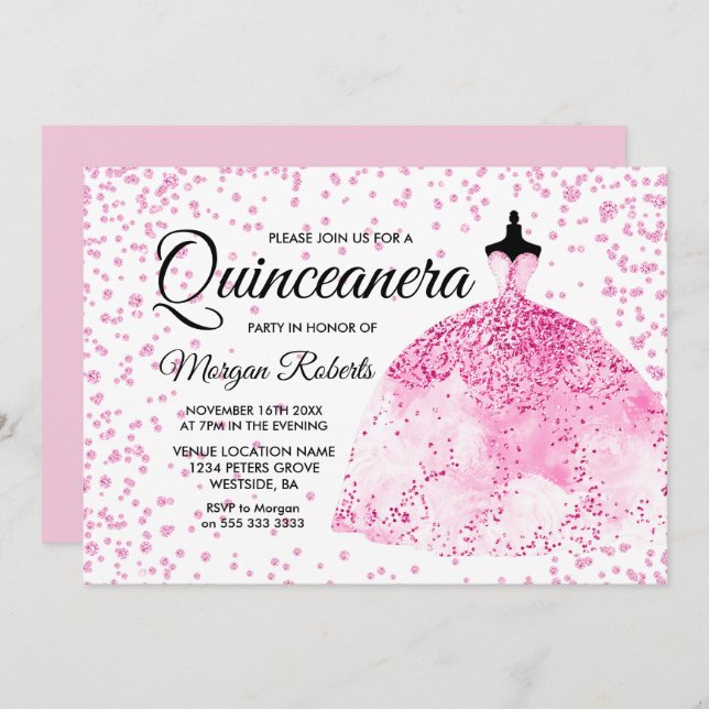 Convite Glitter Rosa Confetti Vestir Quinceanera Convidar (Frente/Verso)