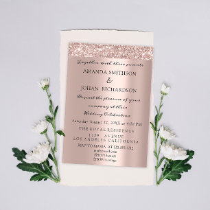 Convite Glitter Rosa de Casamento Elegante Dourado brilhan