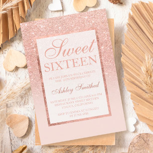 Convite Glitter rosa de ouro elegante doce 16