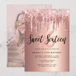 Convite Glitter rosa de ouro legante gota doce dezesseis