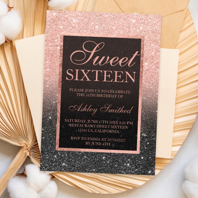 Convite Glitter rosa de ouro preto - glitter elegante - gi (Black rose gold glitter elegant chic Sweet 16 Invitation)