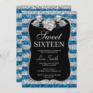 Convite Glitter Rosa de Prata Azul-Chic Elegante Sweet 16