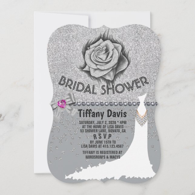 Convite Glitter, Rosa, Diamantes e Placa de Chá de panela  (Frente)