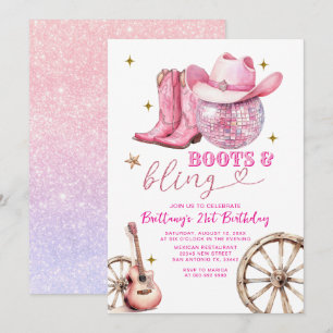Convite Glitter rosa Dourado Boots and Bling aniversário d