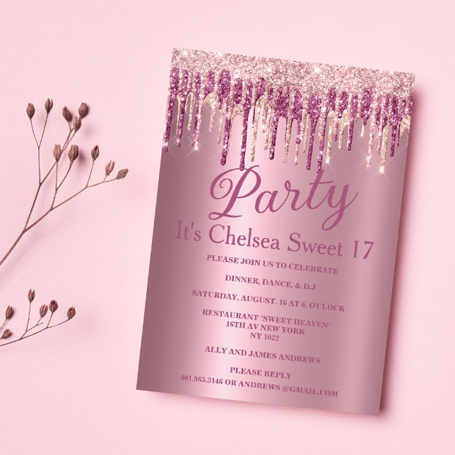 Convite Glitter rosa dourado com gradiente rosa pinga Doce (Pink gradient rose gold glitter drips Sweet 17)