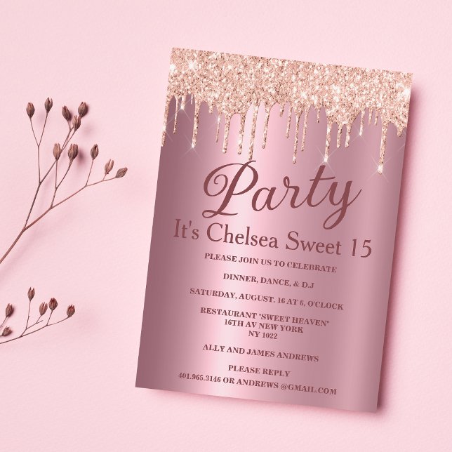 Convite Glitter rosa dourado, gradiente rosa, gotas Doce 1 (Pink gradient rose gold glitter drips Sweet 15 Invitation )