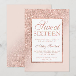 Convite Glitter rosa dourado magro elegante Sweet 16 lado