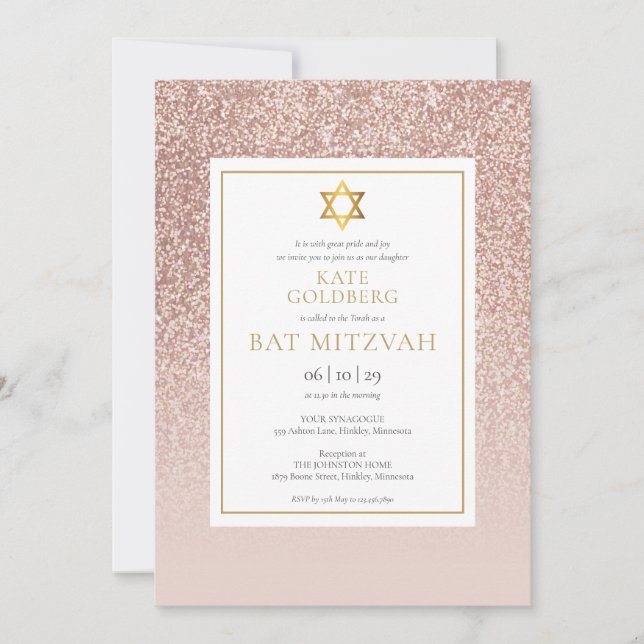 Convite Glitter Rosa Dourado Mitzvah (Frente)