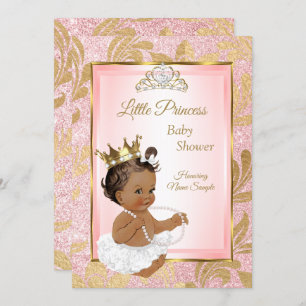 Convite Glitter Rosa Dourado Princesa Chá de fraldas Étnic