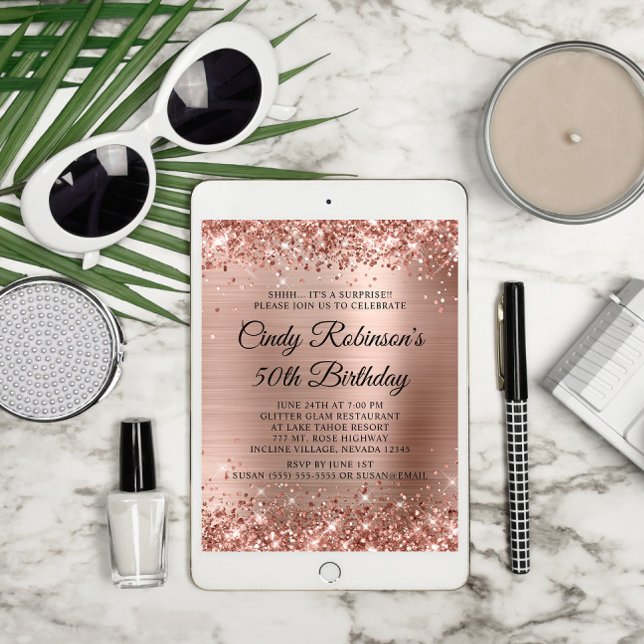 Convite Glitter Rosa Gold Foil Surpresa 50º Aniversário (Surprise 50th Birthday Downloadable Invite)