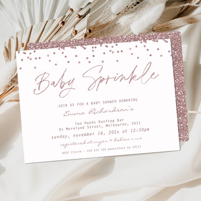 Convite Glitter Rosa Meninas Meninas Bebidas Espelhas Chá  (Rose Gold Baby Sprinkles Baby Shower Invite Confetti Glitter Dusty Pink Baby Sprinkle Baby Girl )