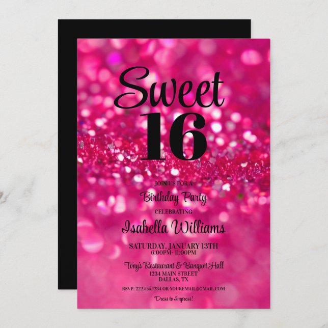 Convite Glitter Rosa Quente Glam Sweet 16 Aniversário (Frente/Verso)