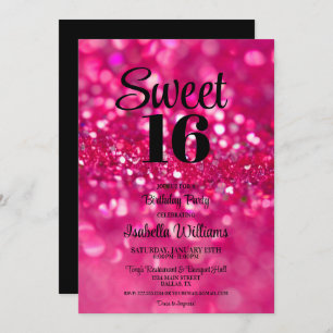 Convite Glitter Rosa Quente Glam Sweet 16 Aniversário