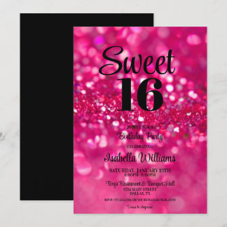 Convite Glitter Rosa Quente Glam Sweet 16 Aniversário