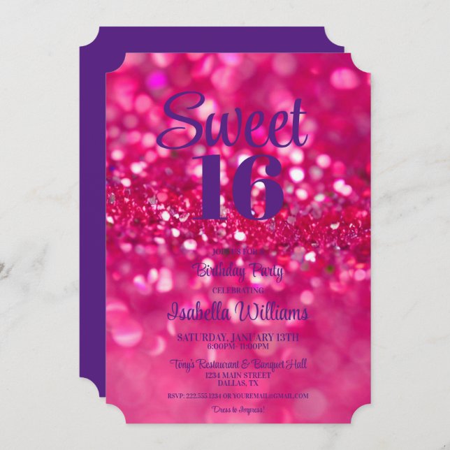 Convite Glitter Rosa Quente Glam Sweet 16 Aniversário (Frente/Verso)