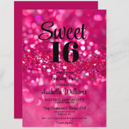 Convite Glitter Rosa Quente Glam Sweet 16 Aniversário
