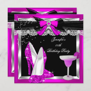 Convite Glitter Rosa Quente Hi Heels Silver Coctail Party