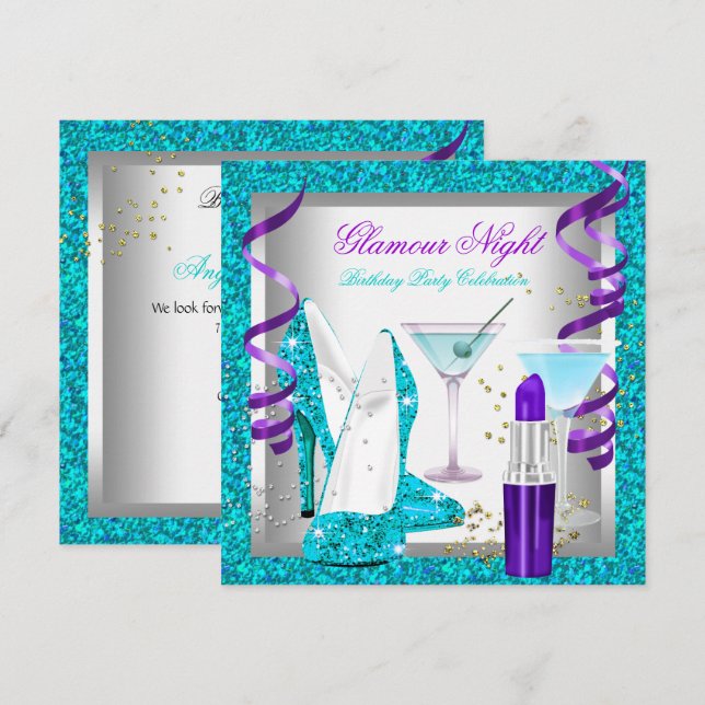Convite Glitter Roxo Azul Glamour Noite Martini Festa (Frente/Verso)