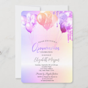 Convite Glitter Roxo Balões Silver Quinceañera