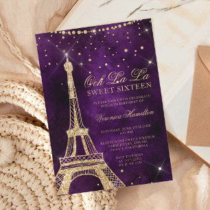 Convite Glitter roxo de ouro de torre Eiffel Sweet 16
