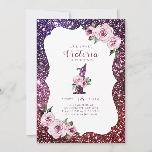 Convite Glitter roxo e primeiro aniversario floral (Frente)
