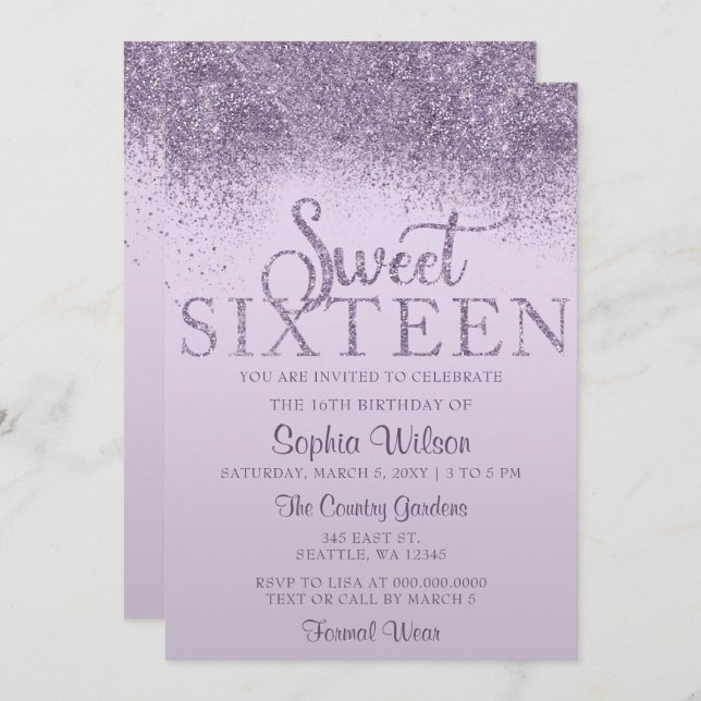 Convite Glitter Roxo Sparkle Sweet 16 Aniversário (Frente/Verso)