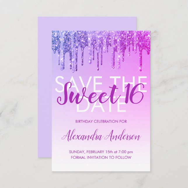 Convite Glitter roxo Sweet 16 Save the Date (Salvar a data (Frente/Verso)