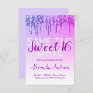 Convite Glitter roxo Sweet 16 Save the Date (Salvar a data