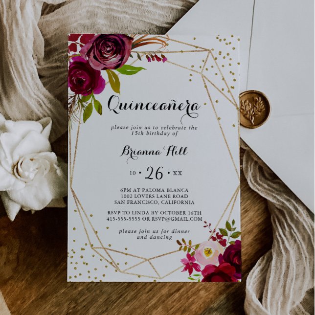 Convite Glitter Russo Geométrico Dourado Quinceañera (Criador carregado)