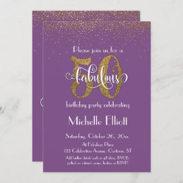 Convite Glitter & Script 50 & Fabuloso em Roxo, Aniversári