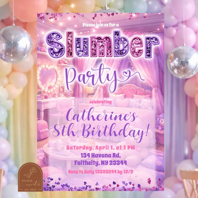 Convite Glitter Sequin Pink Purple Sleepover Party (Criador carregado)