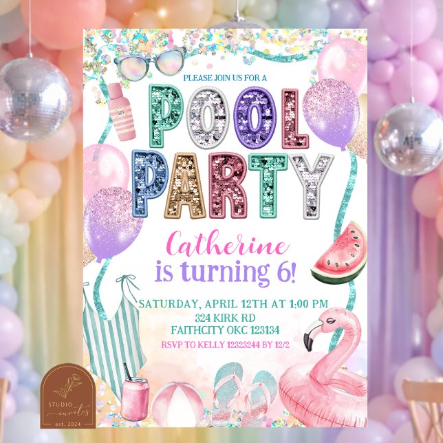 Convite Glitter Sequin Pool Party Birthday invitation (Criador carregado)