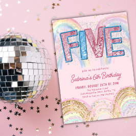 Convite Glitter Sequin Rainbow 5th Birthday Invitation